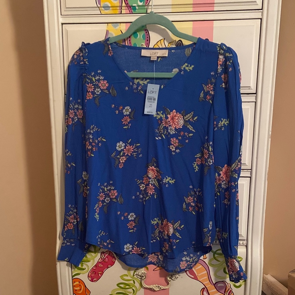 LOFT Royal Blue Floral Long-Sleeve Blouse